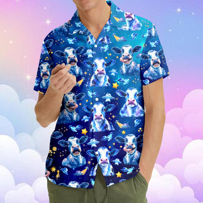 Close-up front view of the space cow hawaiian shirt collar