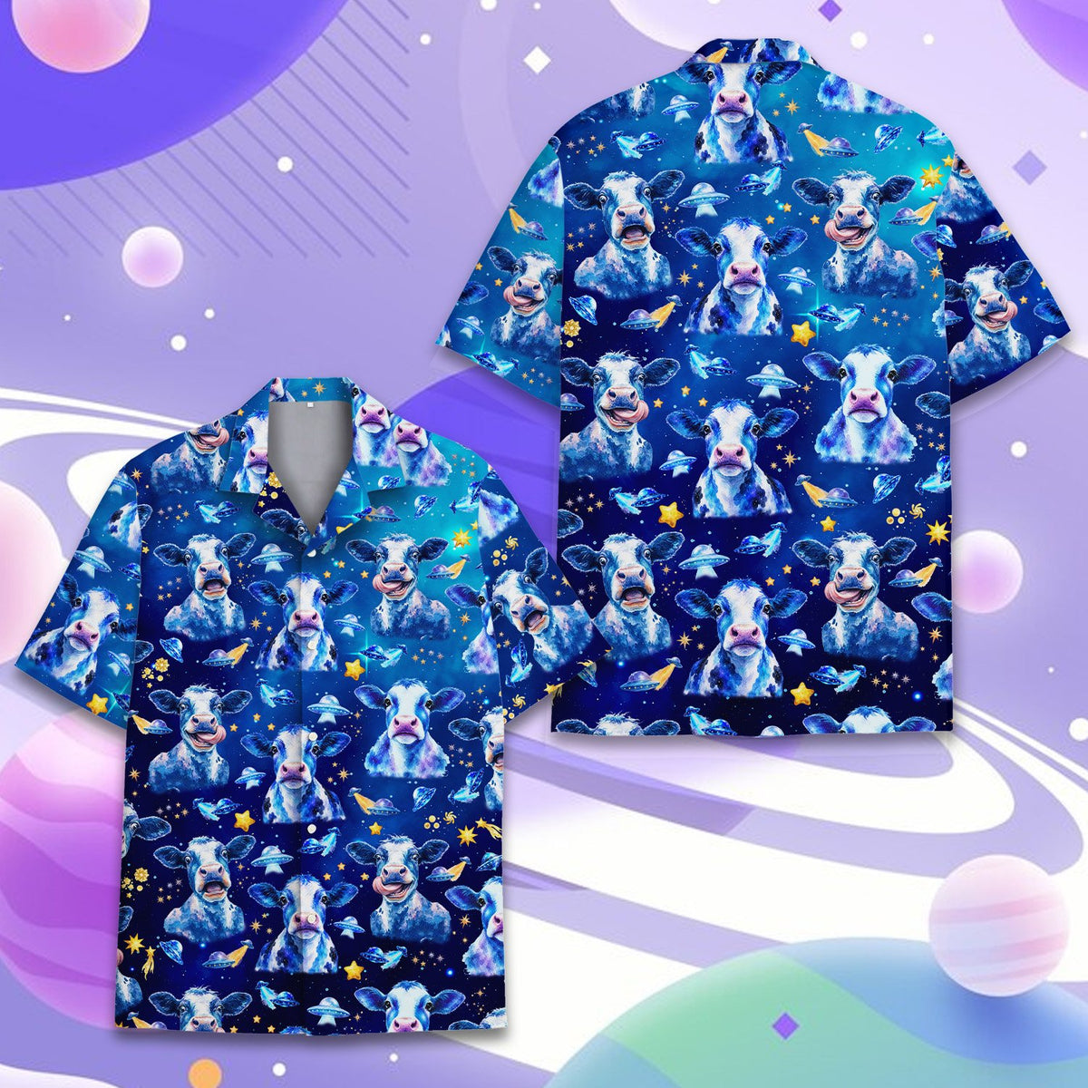 Back view of space cow hawaiian shirt
