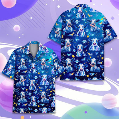 Back view of space cow hawaiian shirt