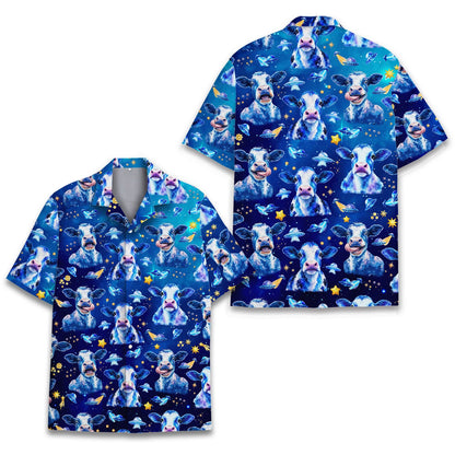 Front view of matching family hawaiian shirts featuring a space cow design