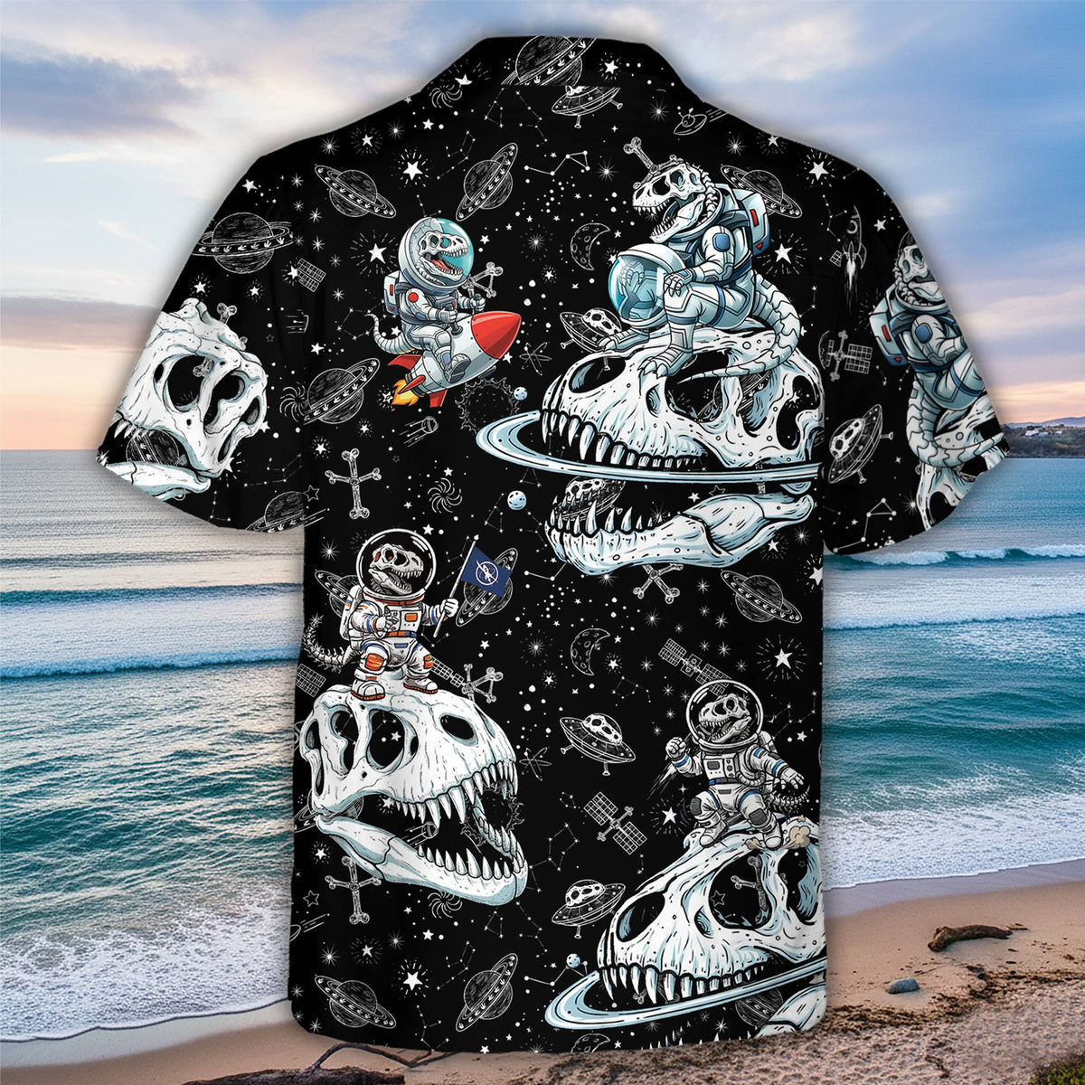 Back view of the black space dinosaur hawaiian shirt