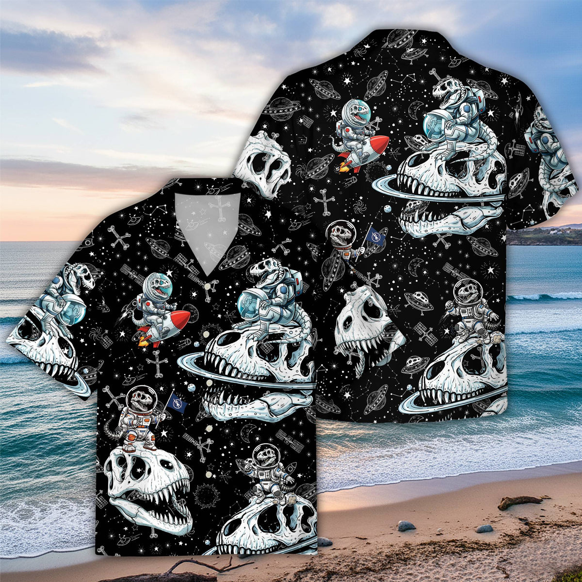 Front view of the space dinosaur hawaiian shirt for adults