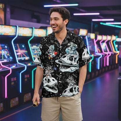 Adult wearing the matching family hawaiian shirts outdoors