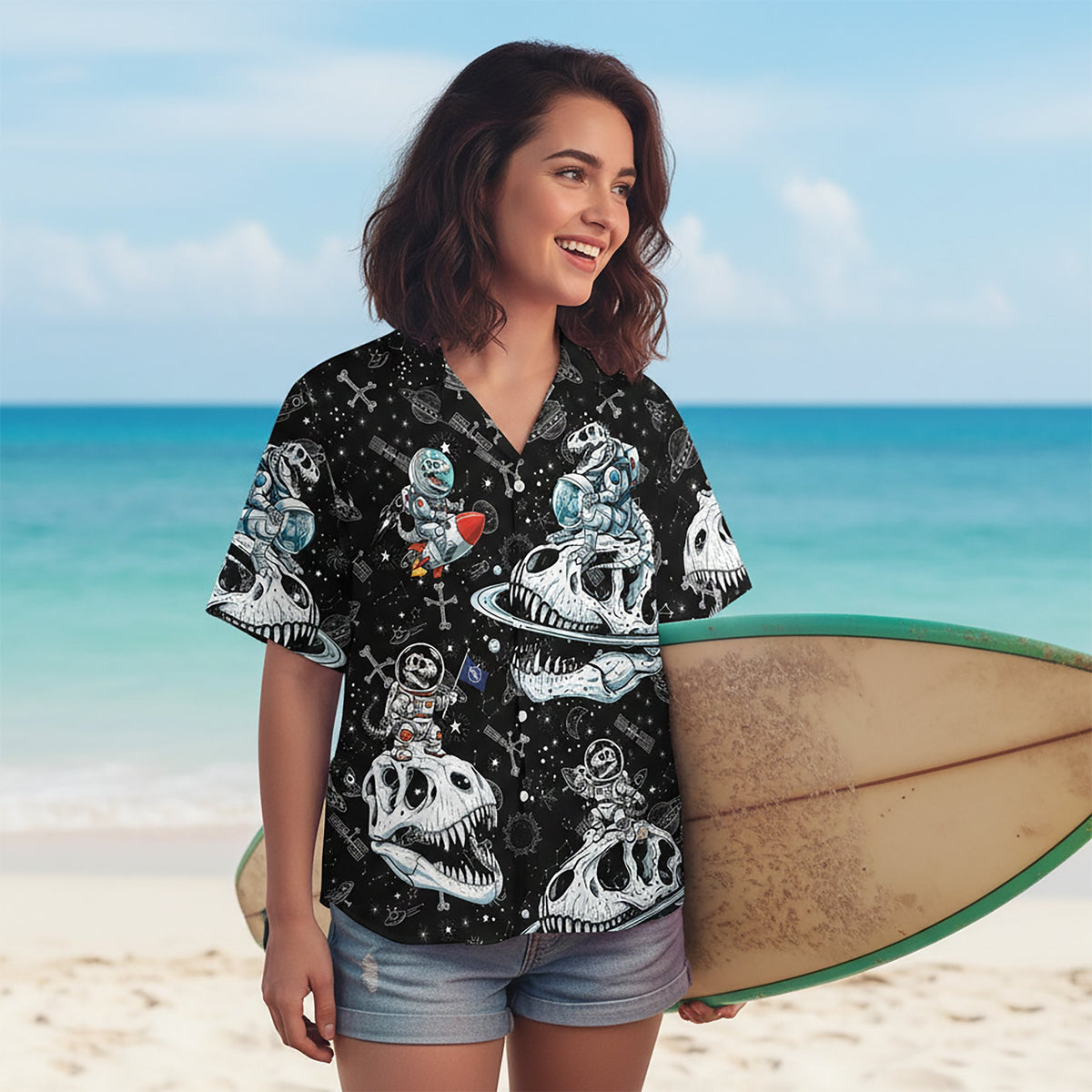 Lifestyle shot of the space dinosaur hawaiian shirt