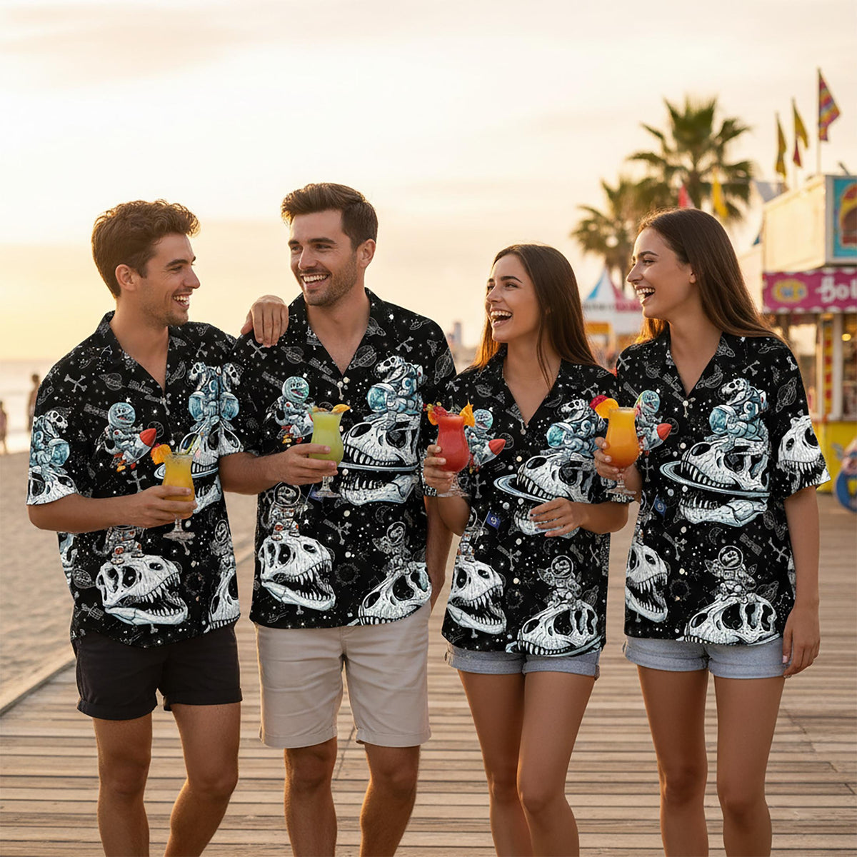 Close-up lifestyle view of the astronaut dinosaur print shirt