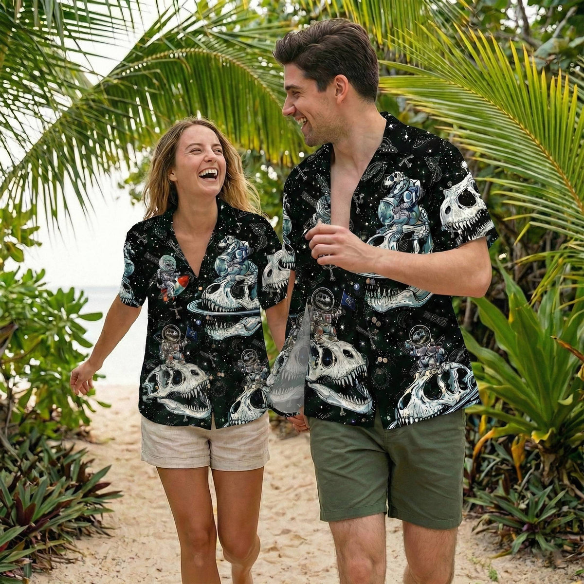 Person wearing the black and white dinosaur hawaiian shirt