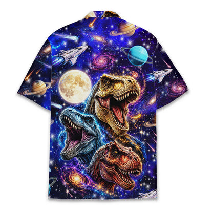 Back view of the space dinosaurs hawaiian shirt showcasing the galaxy print