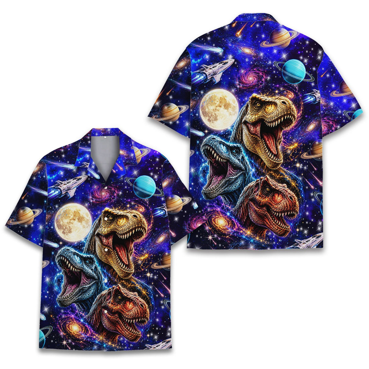Secondary front view of the matching family hawaiian shirt with T-Rex heads
