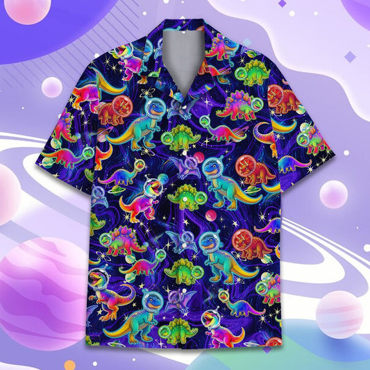 Main view of the space dinosaurs hawaiian shirt showing colorful astronaut dinos