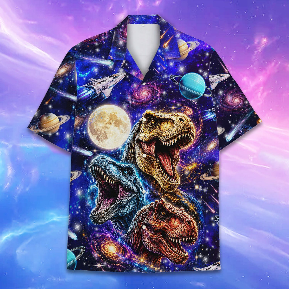 Front detail of the vibrant space dinosaurs hawaiian shirt featuring planets and stars