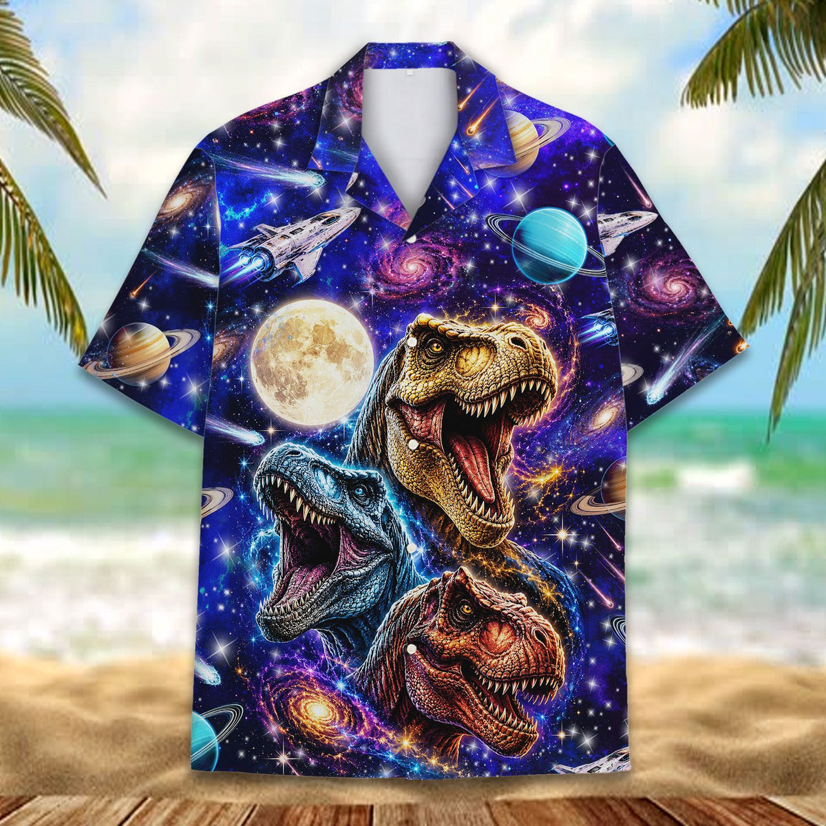 Lifestyle shot highlighting the colorful T-Rex print on the hawaiian shirt