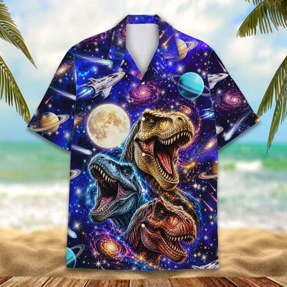 Lifestyle shot highlighting the colorful T-Rex print on the hawaiian shirt