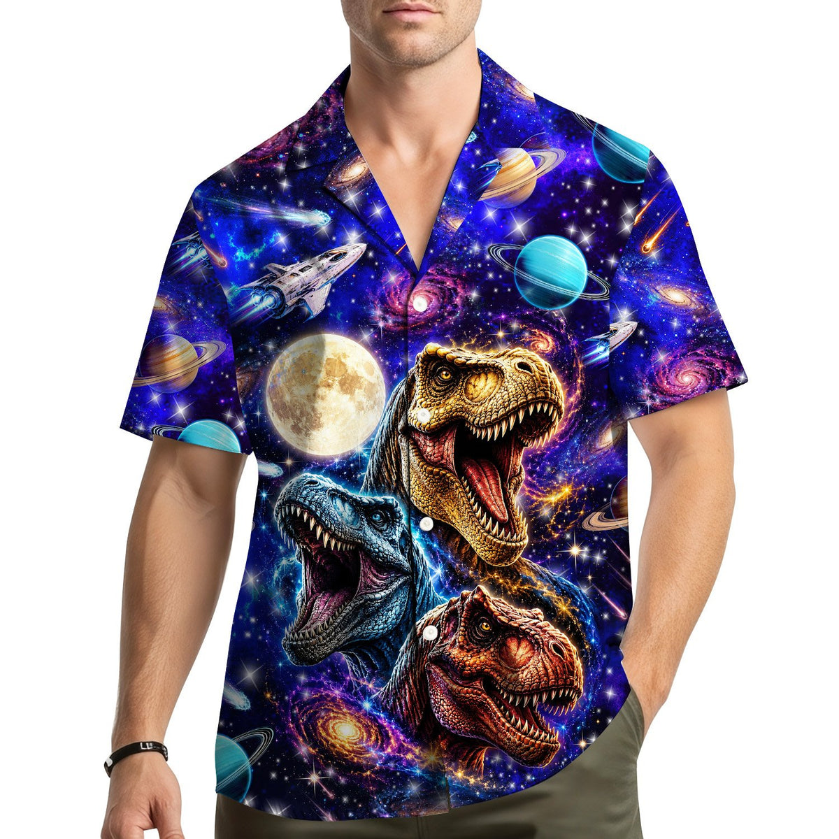 Close-up lifestyle view of the space dinosaurs hawaiian shirt in a casual setting