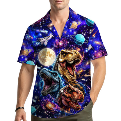 Close-up lifestyle view of the space dinosaurs hawaiian shirt in a casual setting
