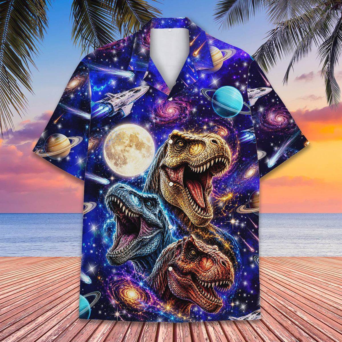 Lifestyle image of a family wearing matching space dinosaurs hawaiian shirts outdoors