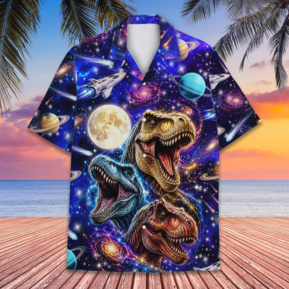 Lifestyle image of a family wearing matching space dinosaurs hawaiian shirts outdoors