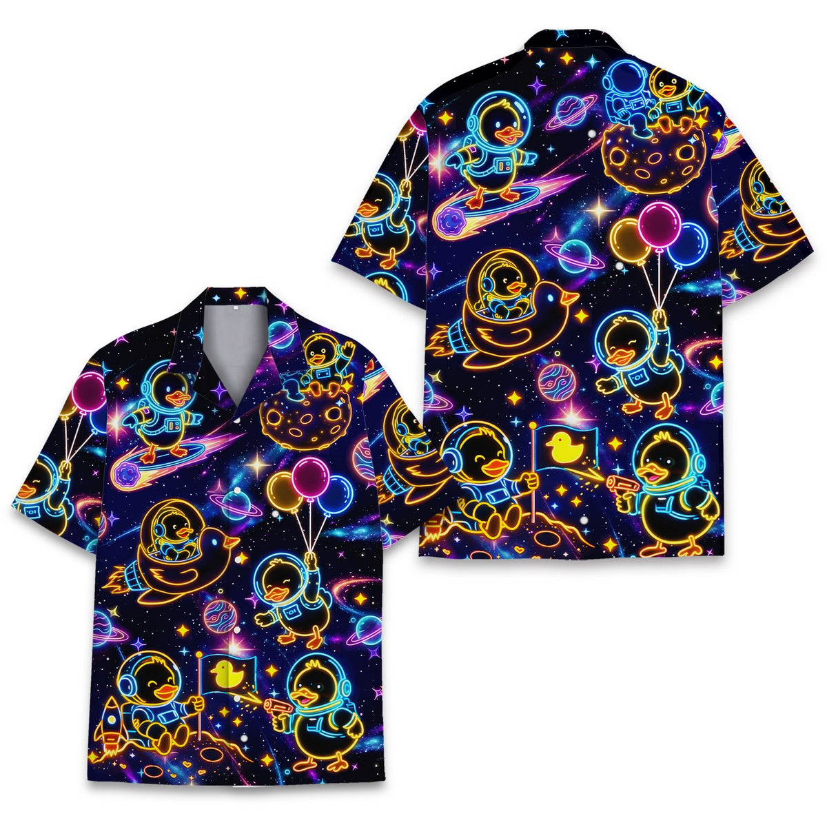 Front view of space galaxy Hawaiian shirt with neon astronaut birds