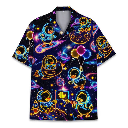 Matching family Hawaiian shirts with space galaxy and astronaut birds design, main view