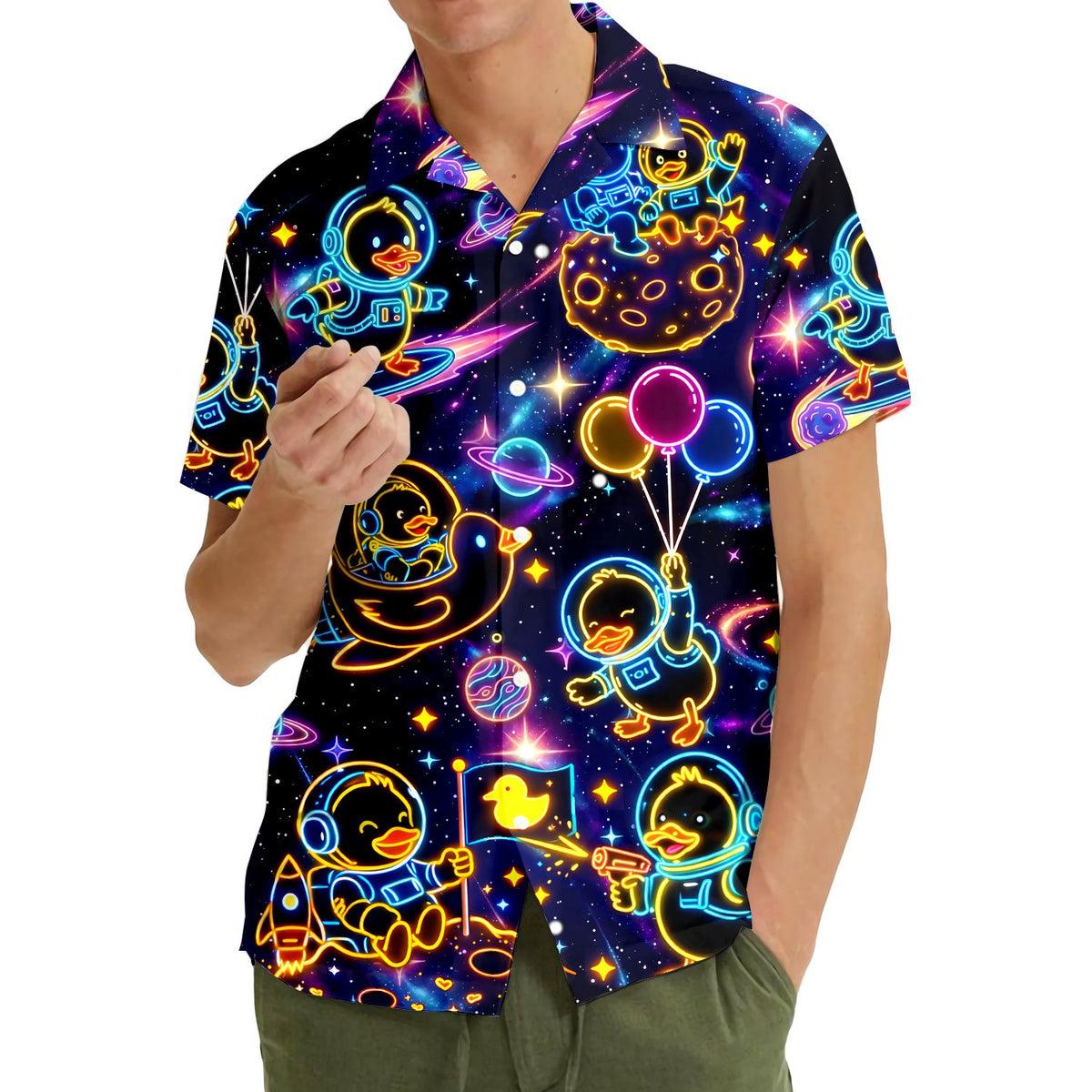 Second lifestyle view of the matching family Hawaiian shirts in a space theme
