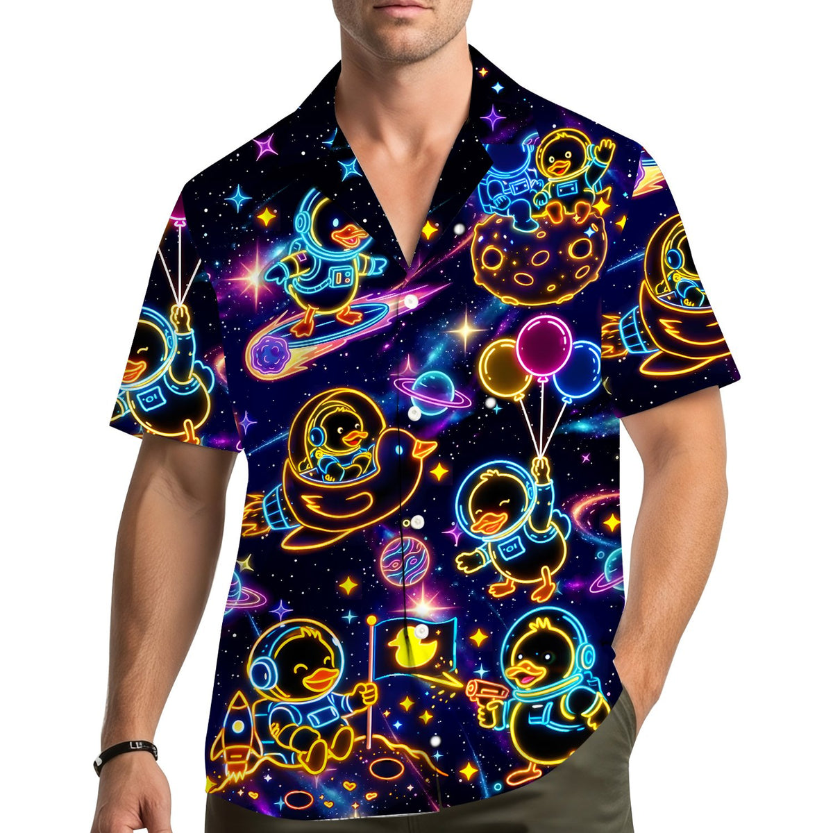 Lifestyle view of family wearing matching space galaxy Hawaiian shirts