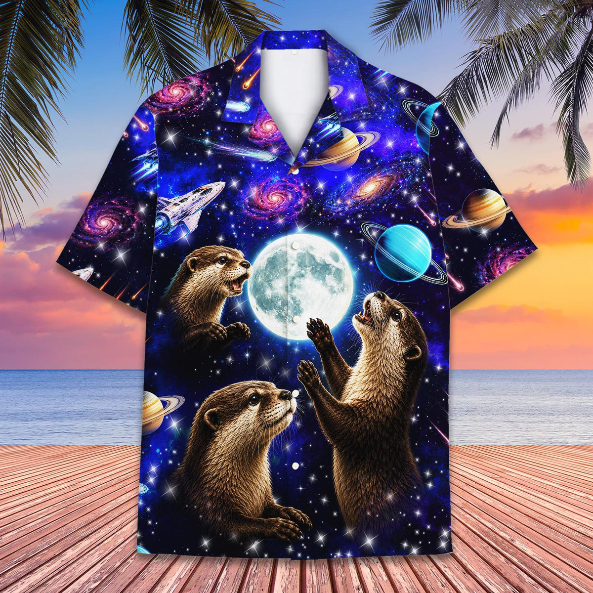Front angle of the blue space hawaiian shirt with otters reaching for the moon