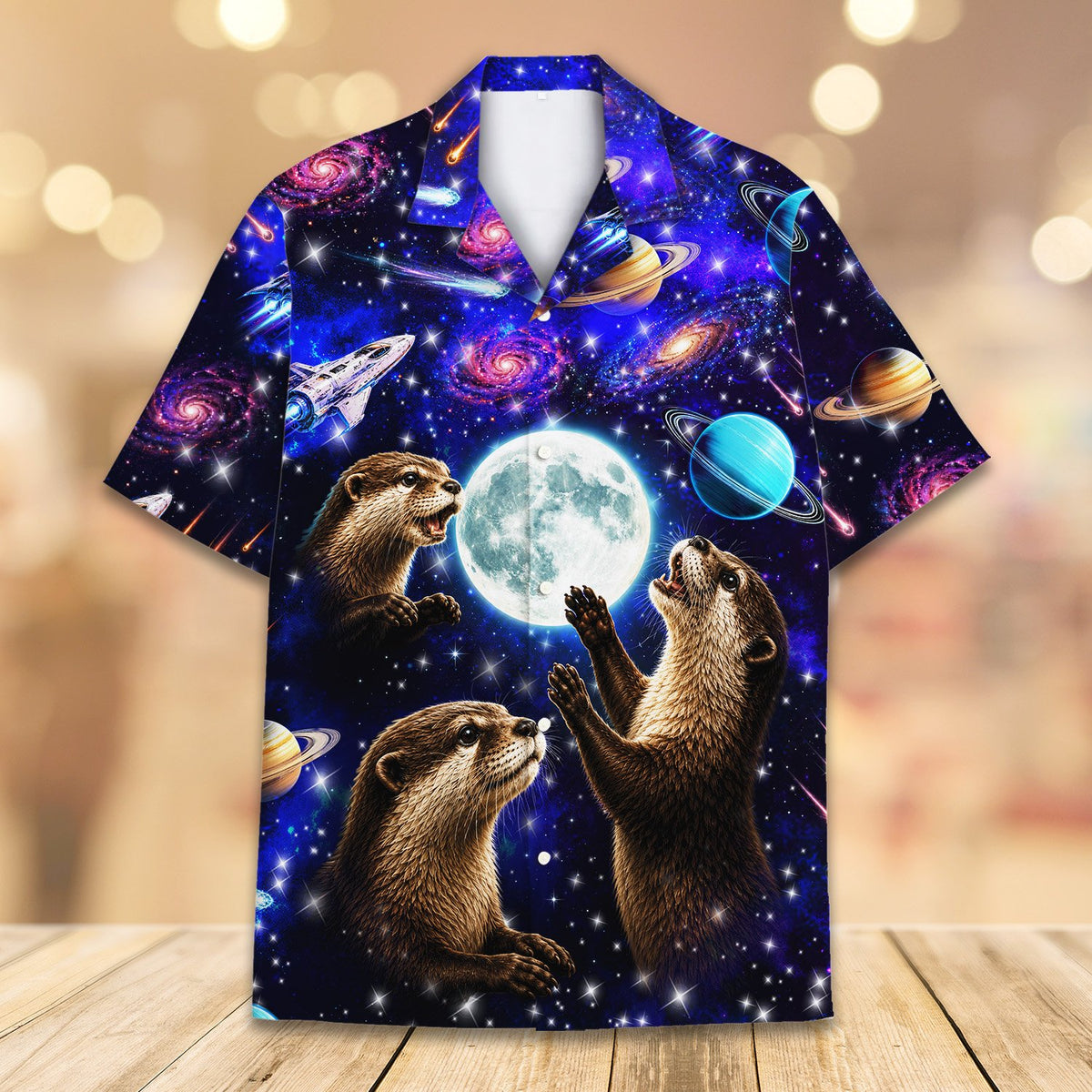 Close front view highlighting the retro spaceship on the hawaiian shirt