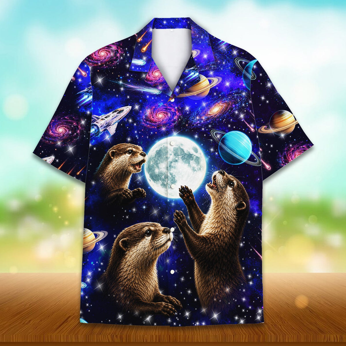 Main view of the space otters hawaiian shirt featuring a cosmic background