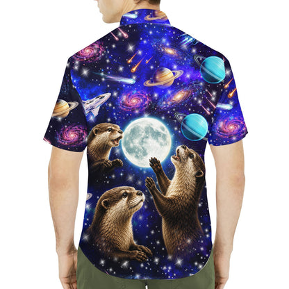 Second lifestyle view showcasing the blue space hawaiian shirt outdoors