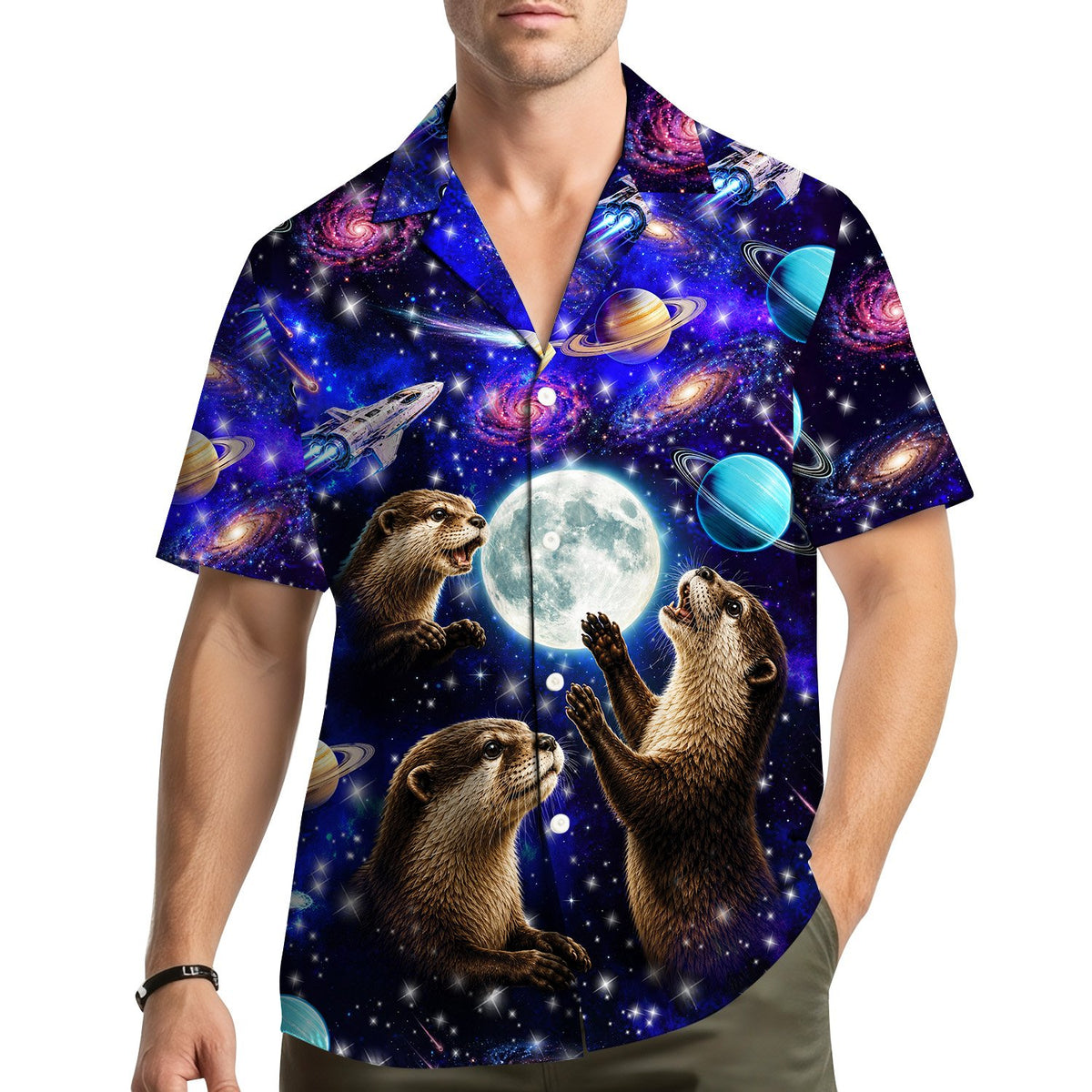Lifestyle view of a family wearing matching space otters hawaiian shirts