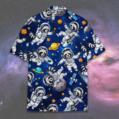 Back view of the space raccoon hawaiian shirt showing the continuous starry space pattern