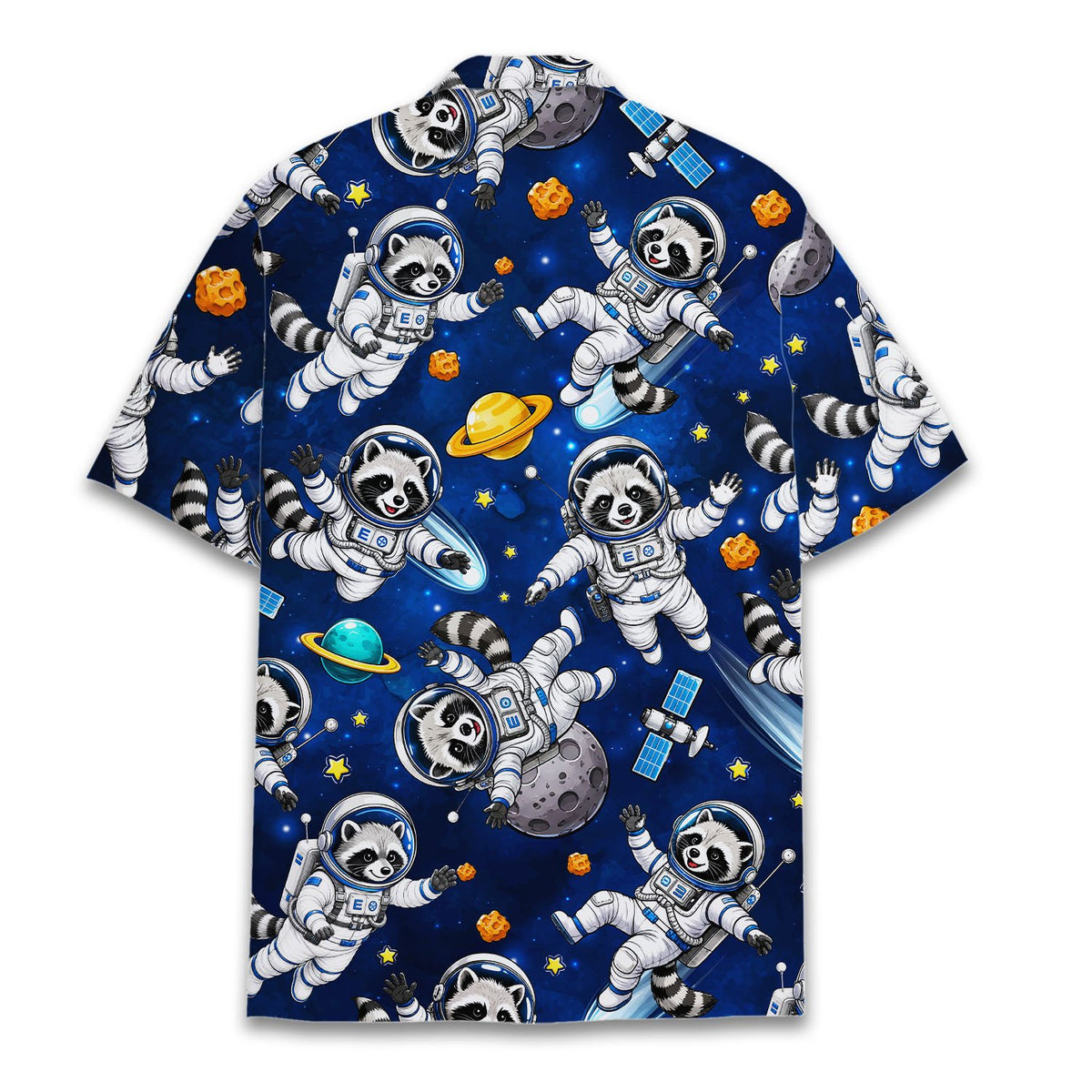Front view of the space raccoon hawaiian shirt in navy featuring astronaut raccoons and planets