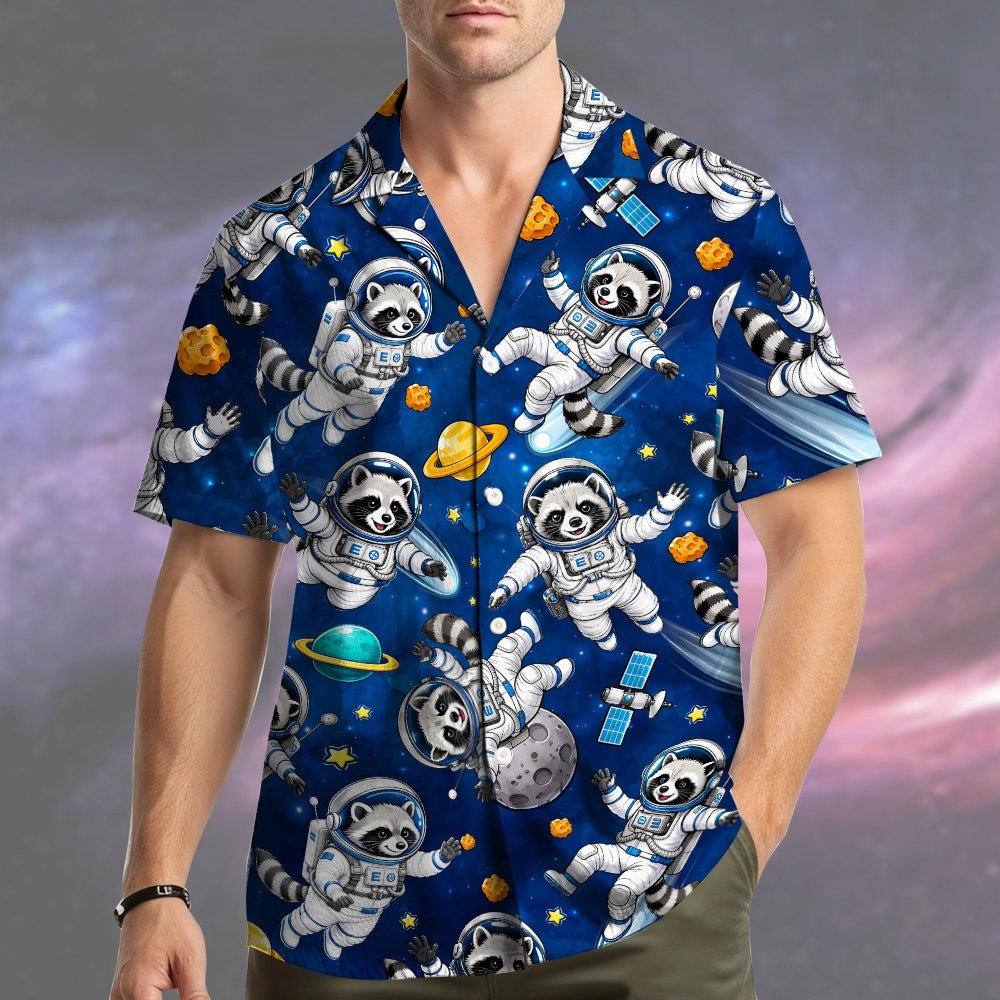 Third lifestyle view highlighting the fit and vibrant navy colors of the space raccoon shirt