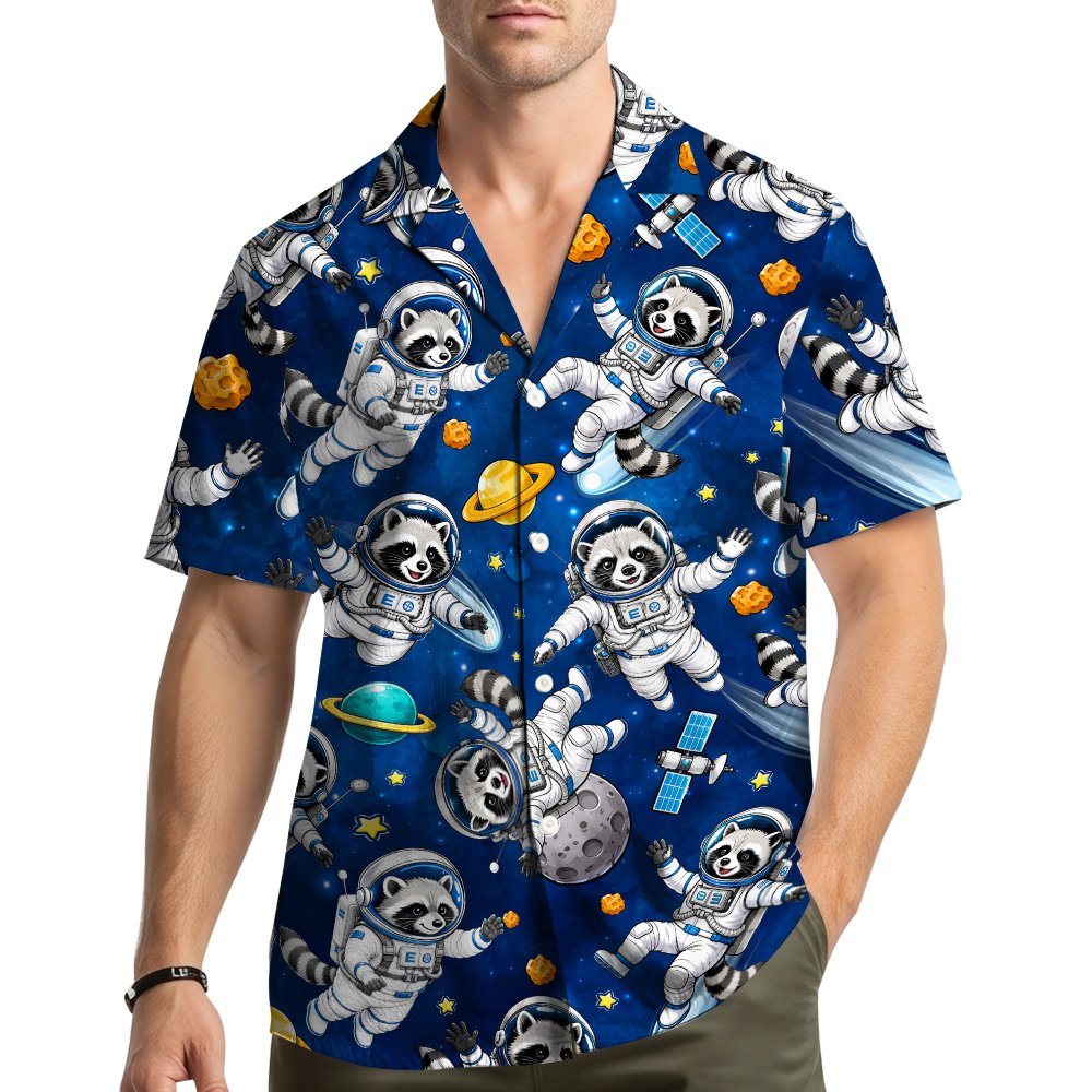Lifestyle view of someone wearing the matching family hawaiian shirt with space raccoon design