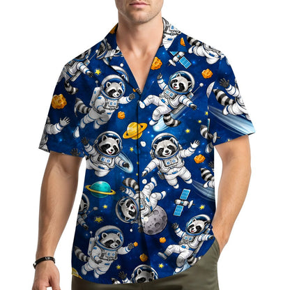 Lifestyle view of someone wearing the matching family hawaiian shirt with space raccoon design