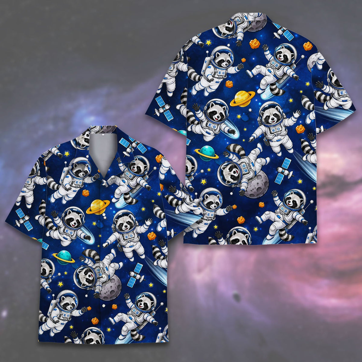 Detailed view of the button and collar on the navy space raccoon hawaiian shirt