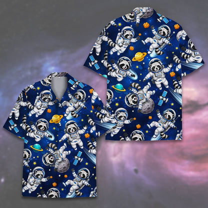 Detailed view of the button and collar on the navy space raccoon hawaiian shirt