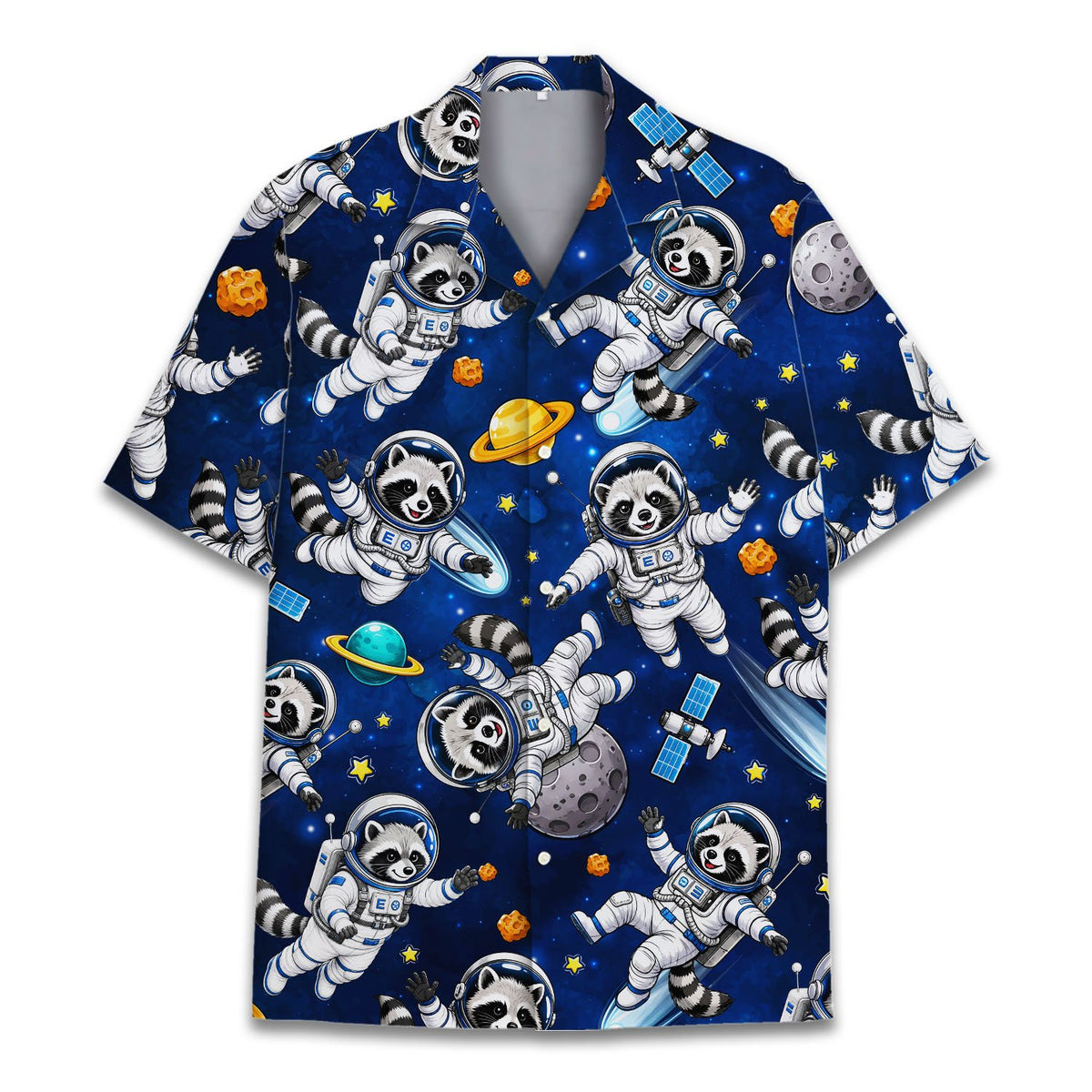 Folded view of the space raccoon hawaiian shirt ready to be worn