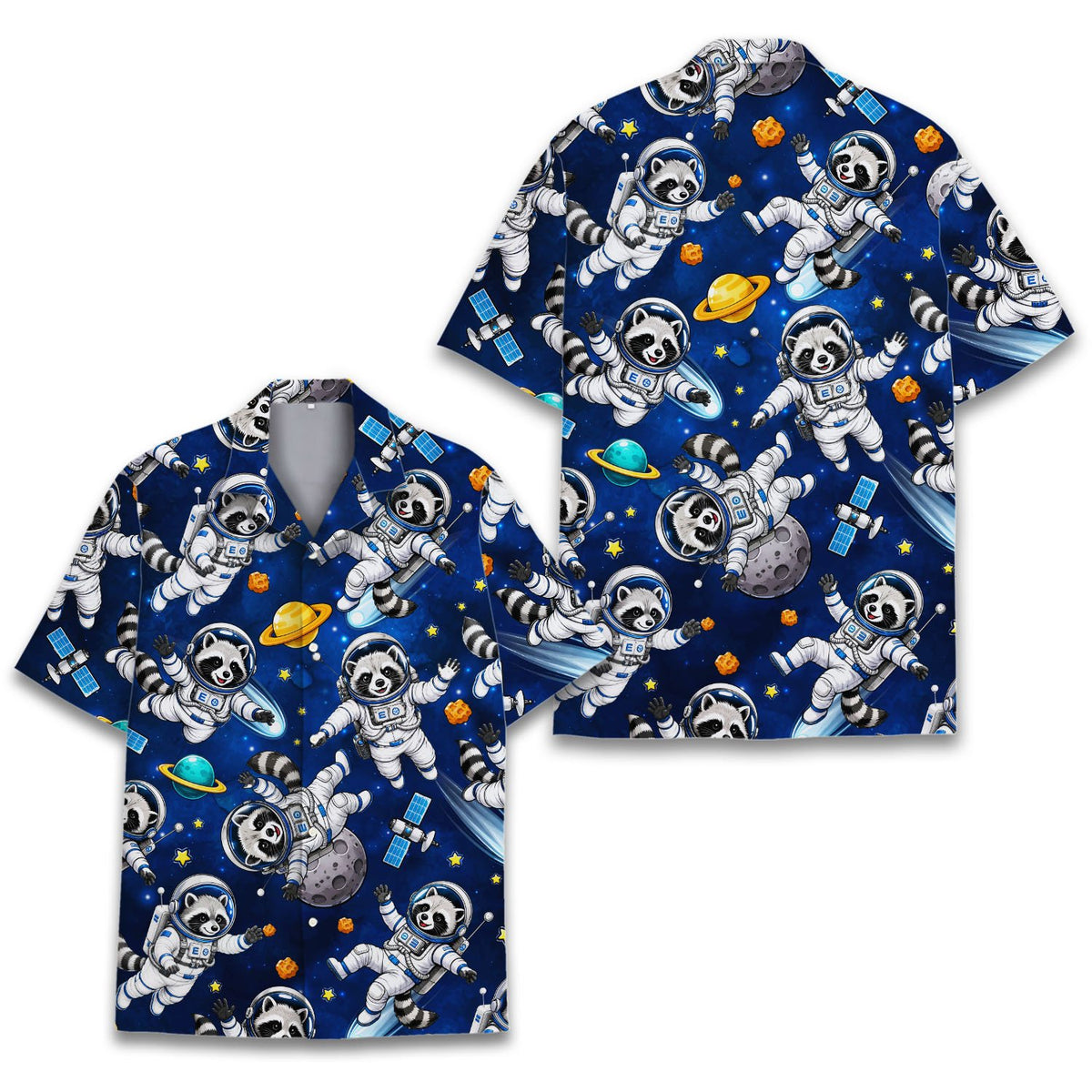 Close-up view of the space raccoon hawaiian shirt showing the astronaut illustration details