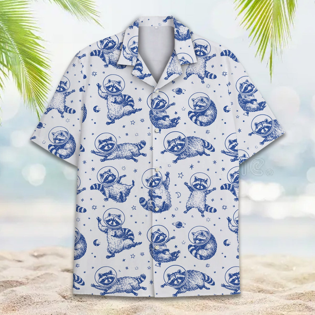 Close-up front view of the raccoon hawaiian shirt