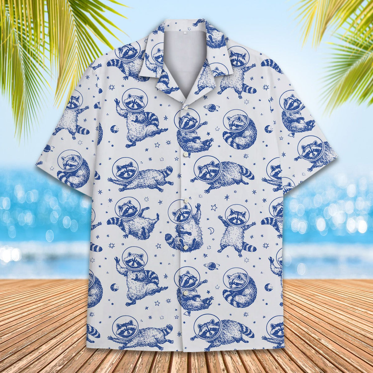 Front view of the space raccoon hawaiian shirt
