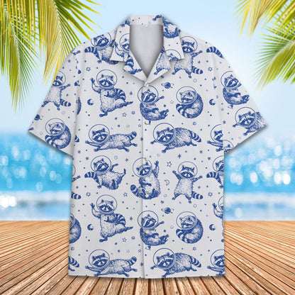 Front view of the space raccoon hawaiian shirt