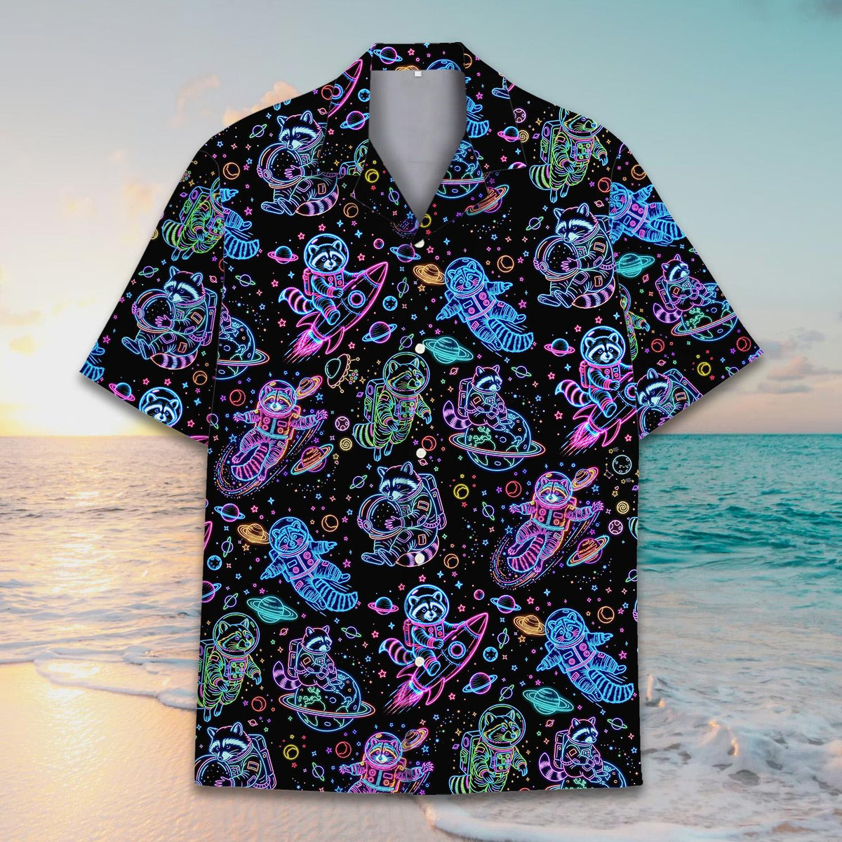 Secondary back view of the space raccoons hawaiian shirt