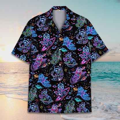 Secondary back view of the space raccoons hawaiian shirt