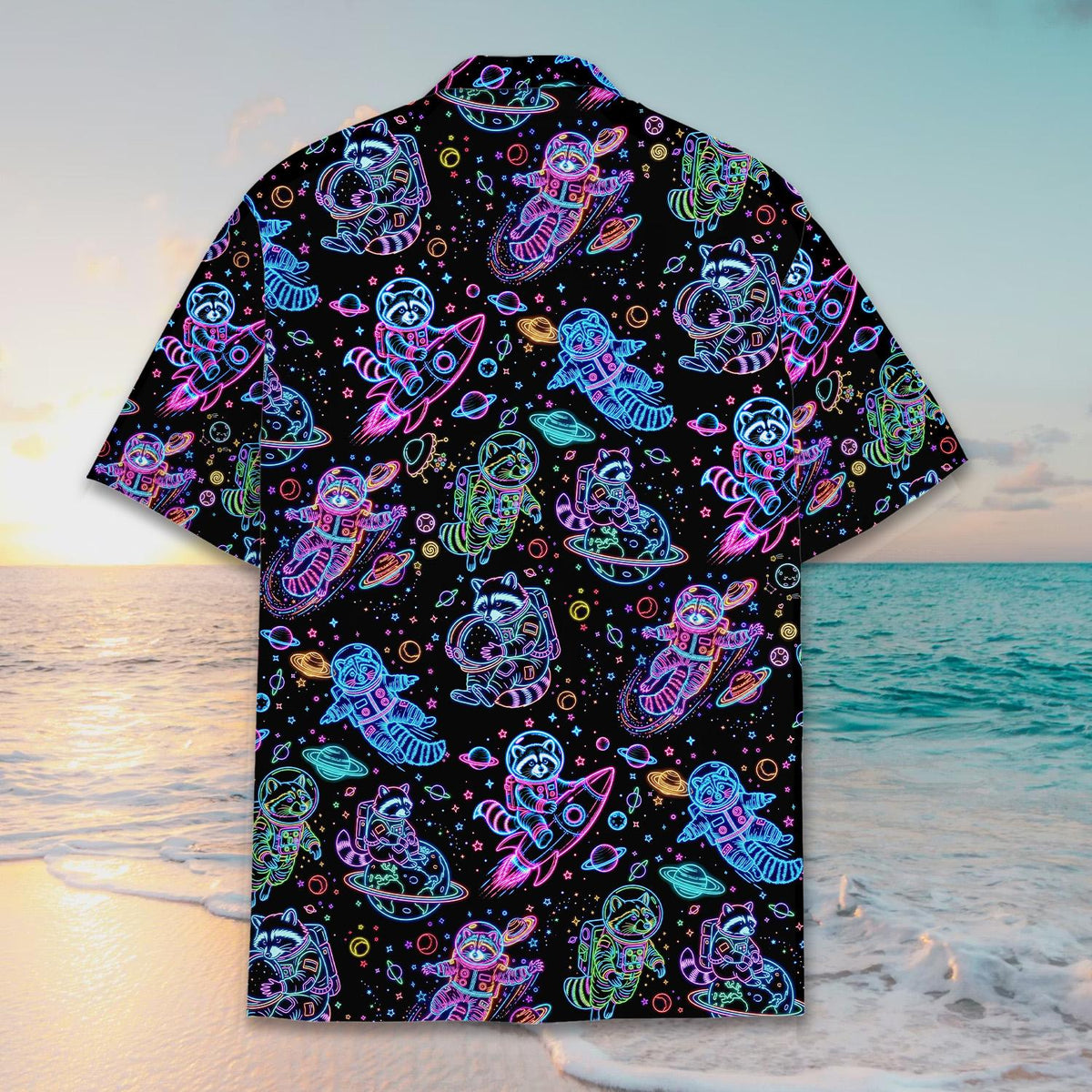 Tertiary back view showcasing the neon pattern on the matching family hawaiian shirt