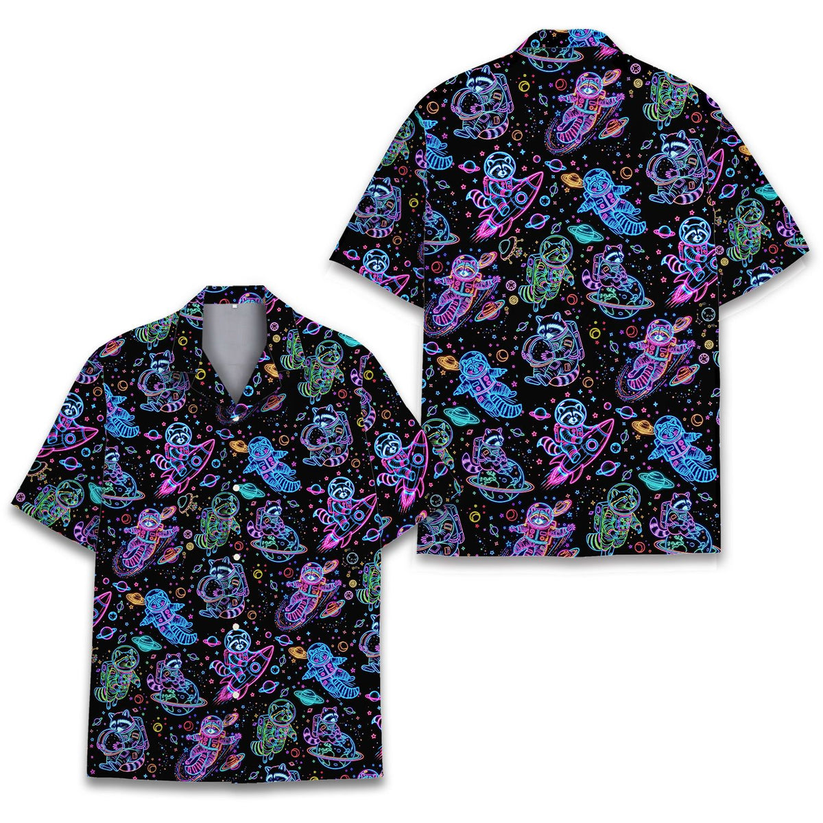 Back view of the space raccoons hawaiian shirt