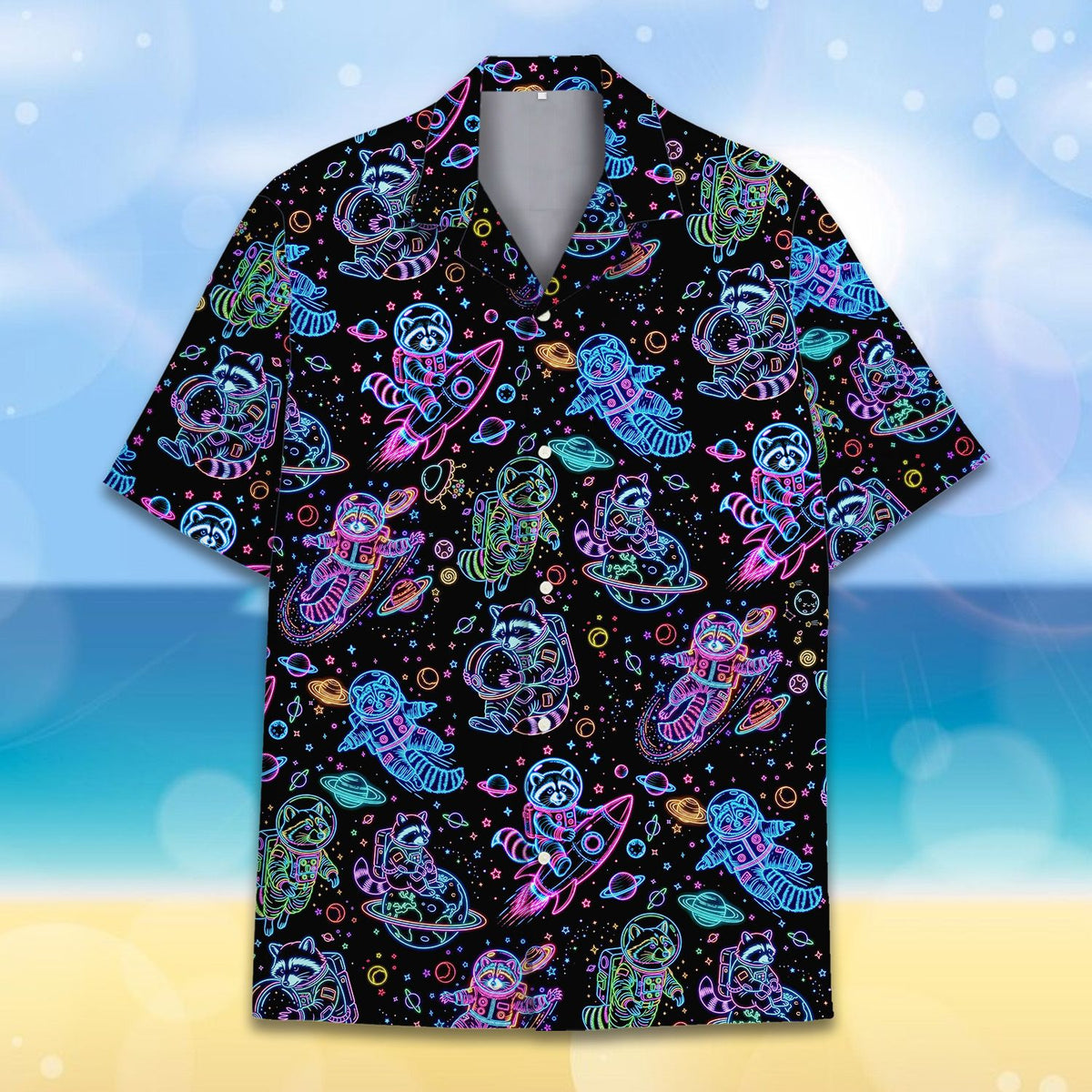 Secondary front view of the matching family hawaiian shirt with space raccoon design