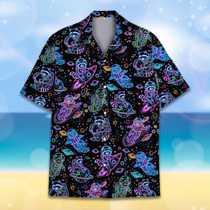 Secondary front view of the matching family hawaiian shirt with space raccoon design