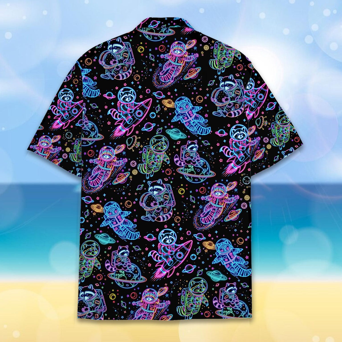 Tertiary front view of the black space hawaiian shirt