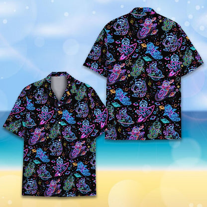 Space raccoons hawaiian shirt with neon astronaut design on a black background, main view
