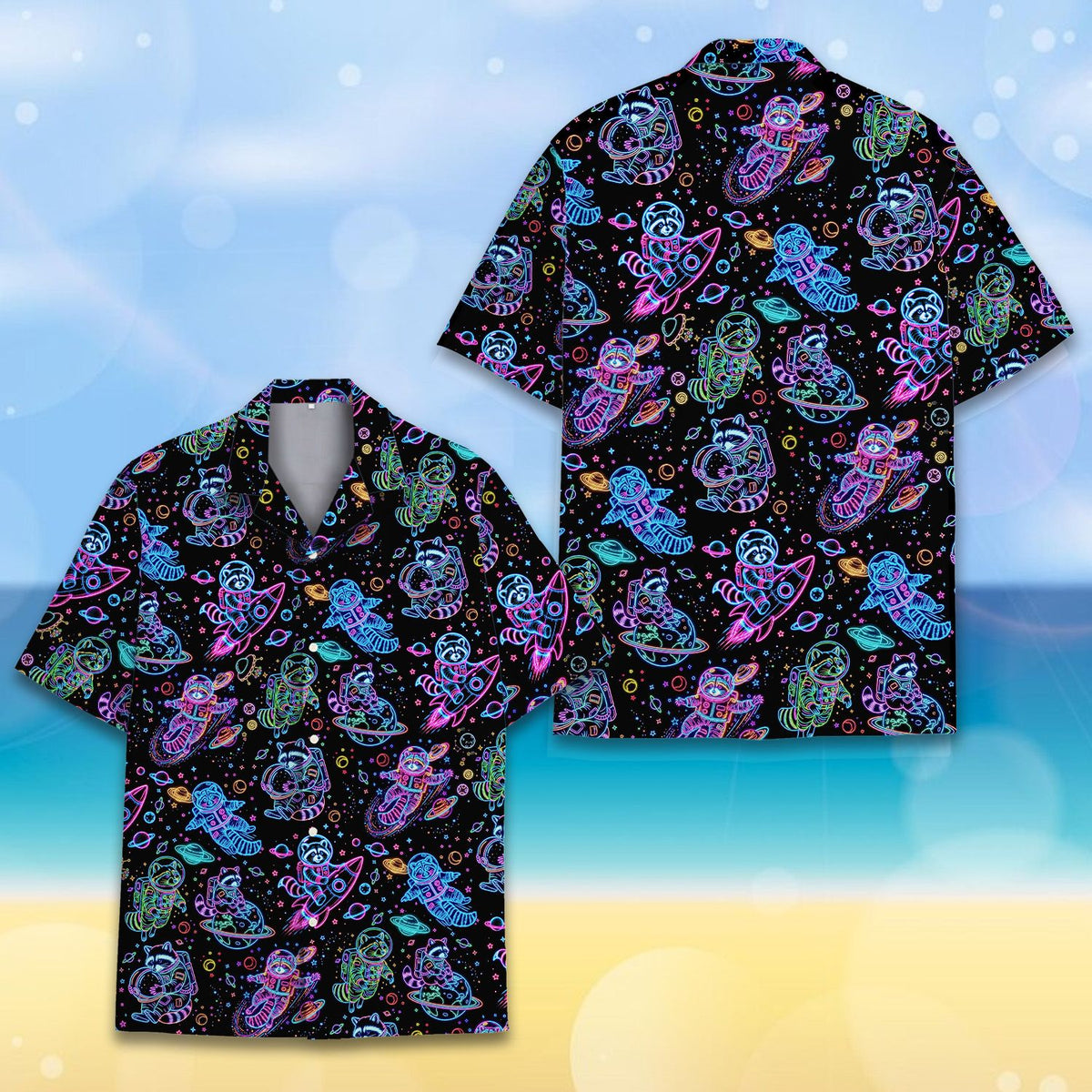 Front view of the space raccoons hawaiian shirt featuring neon rockets and planets